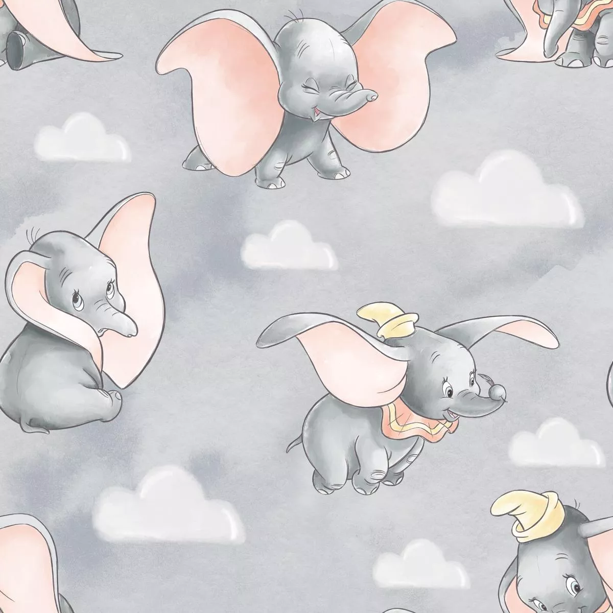 disney-dumbo-flying-on-gray-clouds-fabric Disney Dumbo Flying on Gray Clouds Fabric