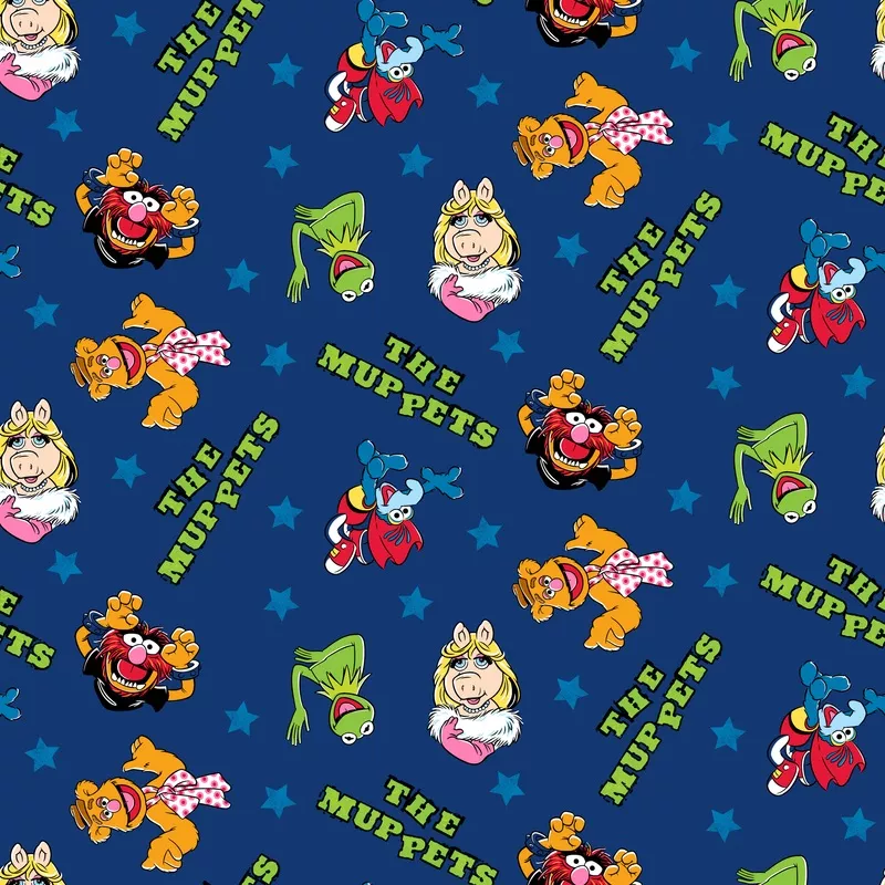 Disney Muppets Characters on Blue Pattern Fabric