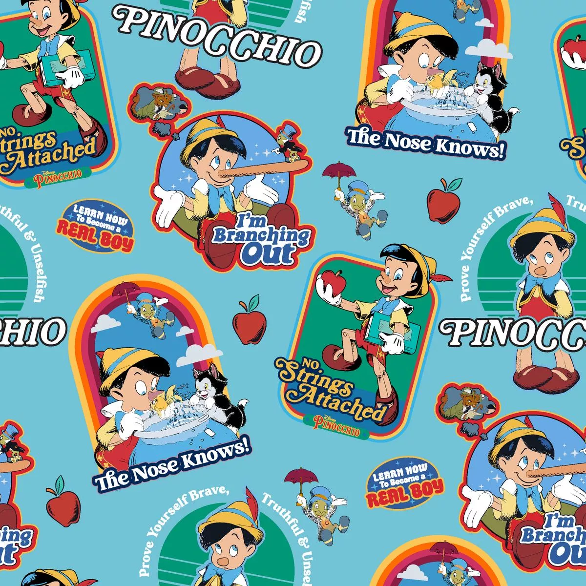 disney-pinocchio-fun-phrases-fabric Disney Pinocchio Fun Phrases Fabric