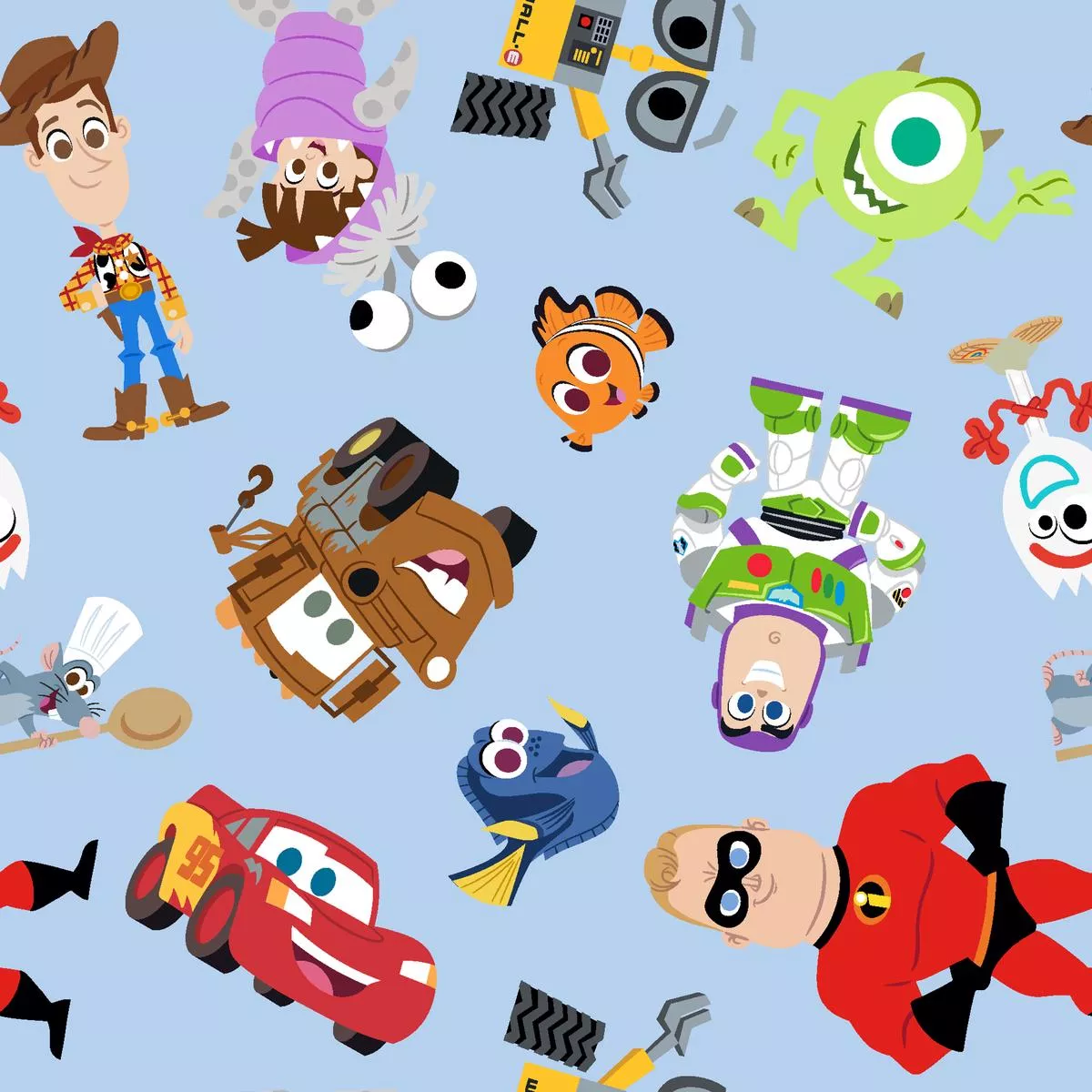 disney-pixar-tossed-characters-collage-on-blue-fabric Disney Pixar Tossed Characters Collage on Blue Fabric