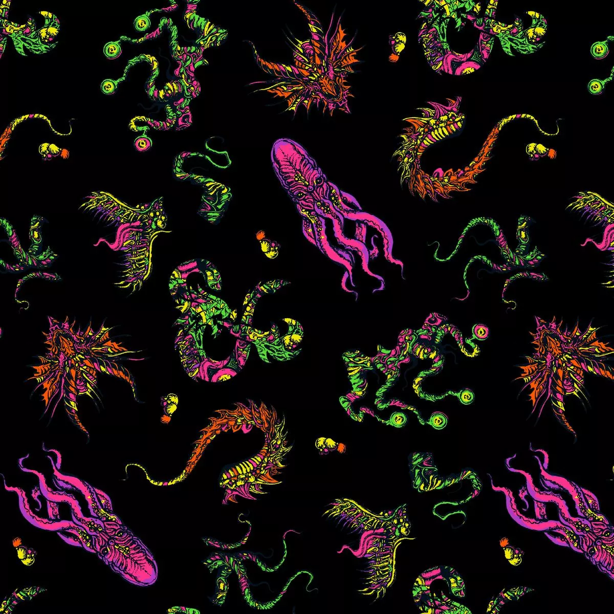 Dungeons & Dragons Monster Toss on Black Fabric