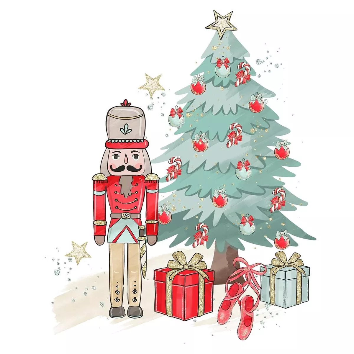 elegant-nutcracker-next-to-christmas-tree-fabric-panel-red Elegant Nutcracker Next to Christmas Tree Fabric Panel – Red