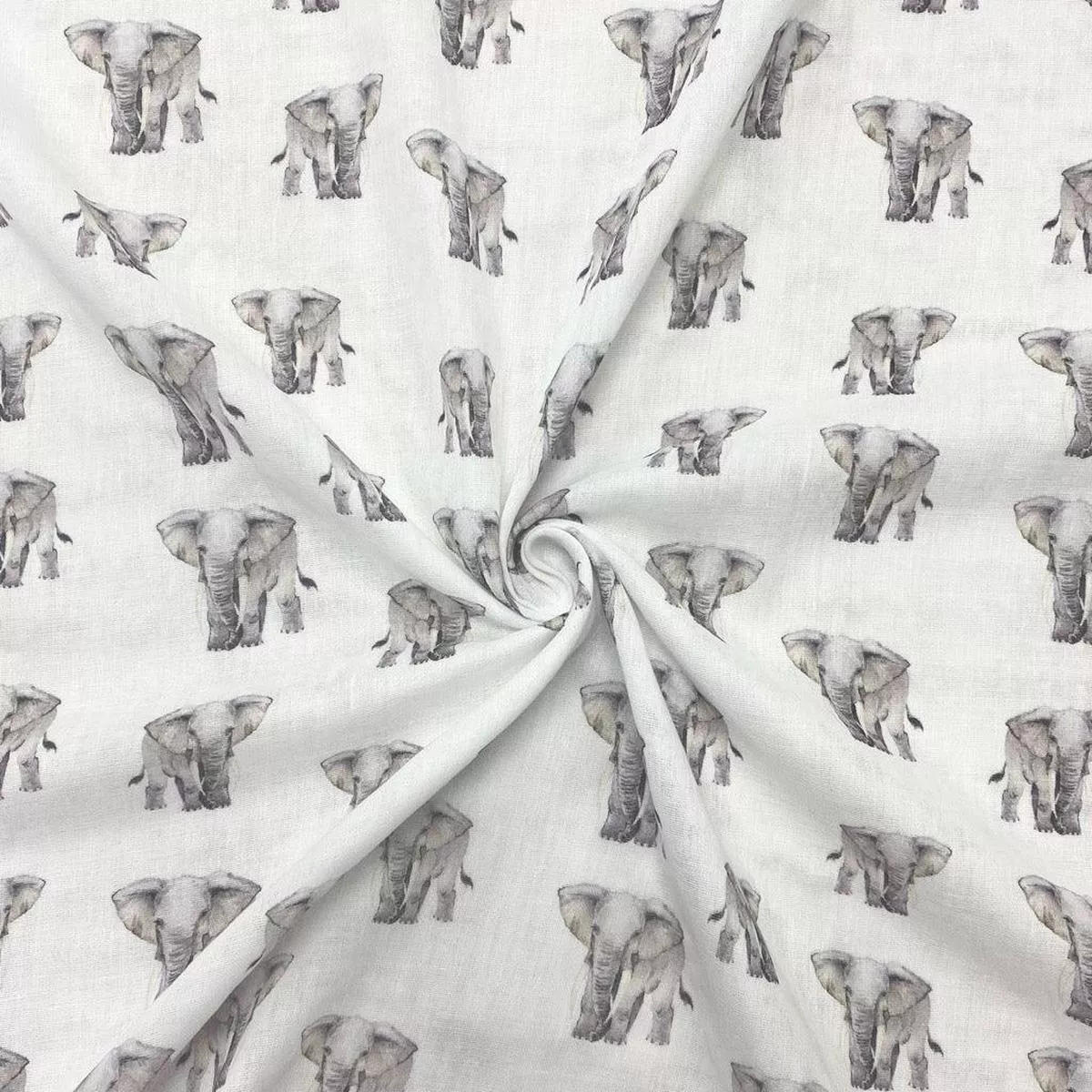 Elephants on White Flat Double Gauze Fabric