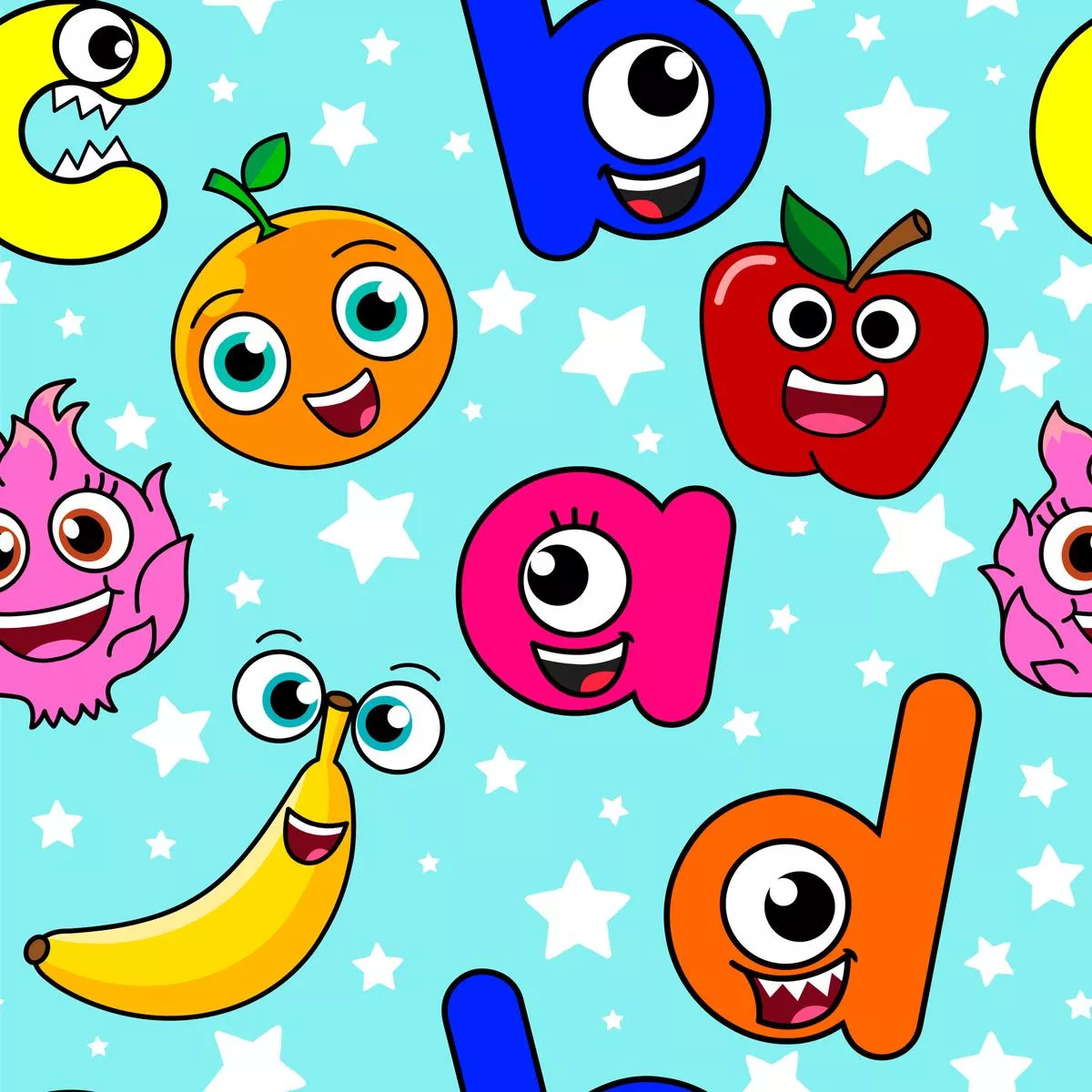 English Tree Cute Fruit Characters on Blue Fabric
