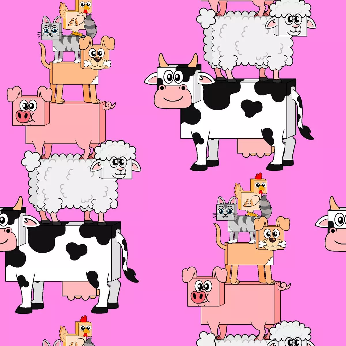 English Tree Farm Animals Stack on Pink Fabric