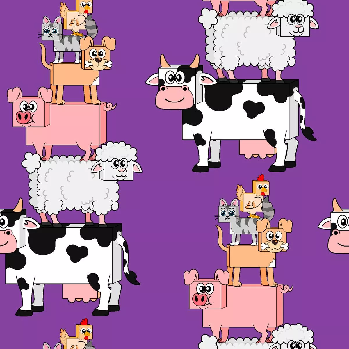 English Tree Farm Animals Stack on Purple Fabric