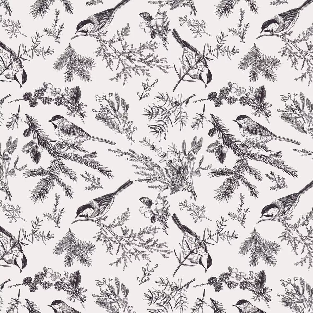 Engraved Winter Plants Birds Fabric