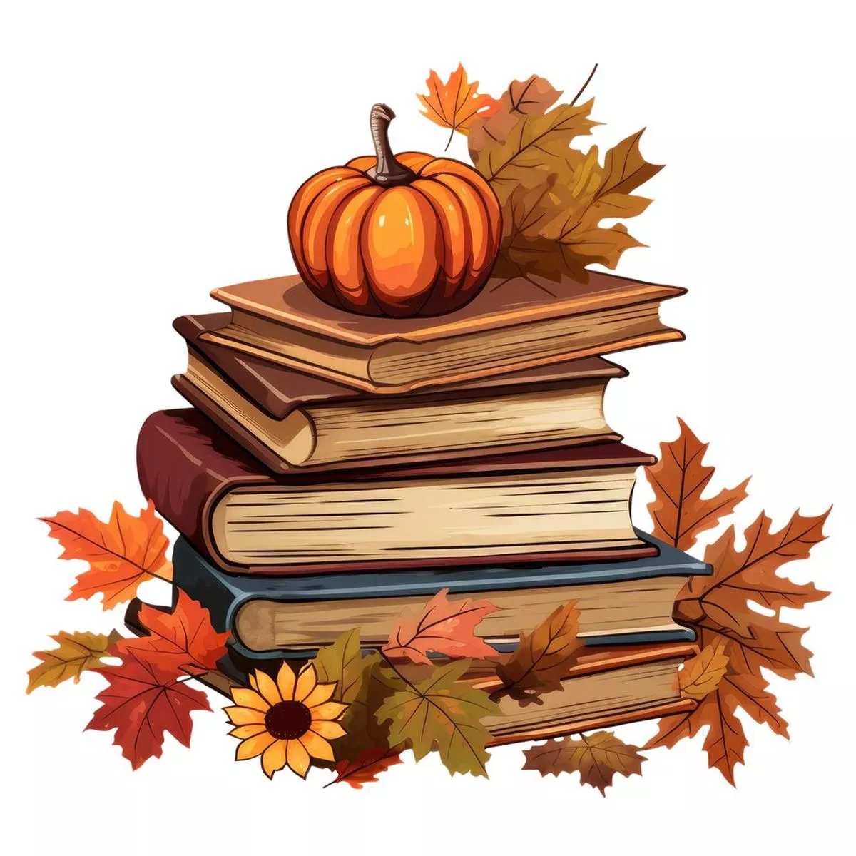 Fall Books with a Pumpkin #2 Fabric Panel