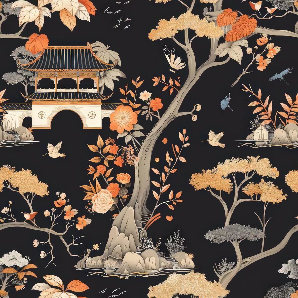 Fall Cottagecore Chinoiserie Pattern 4 Quilting Cotton Fabric