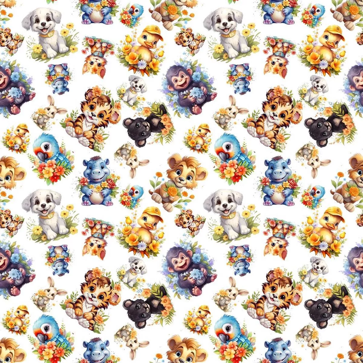 Floating Baby Animals Flowers Fabric