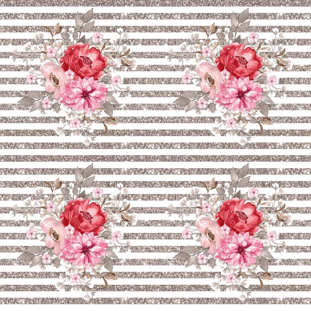 floral-bouquet-stripes-fabric-gray Floral Bouquet & Stripes Fabric – Gray