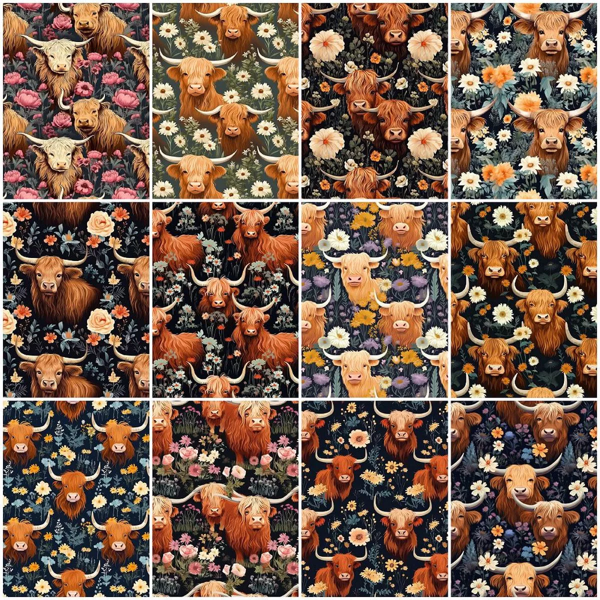 floral-highland-cows-fabric-collection-1-2-yard-bundle Floral Highland Cows Fabric Collection – 1/2 Yard Bundle