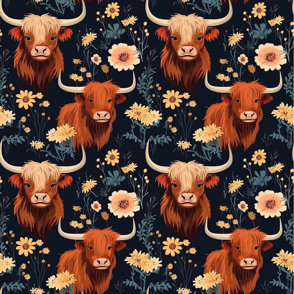 Floral Highland Cows Pattern #5 Fabric