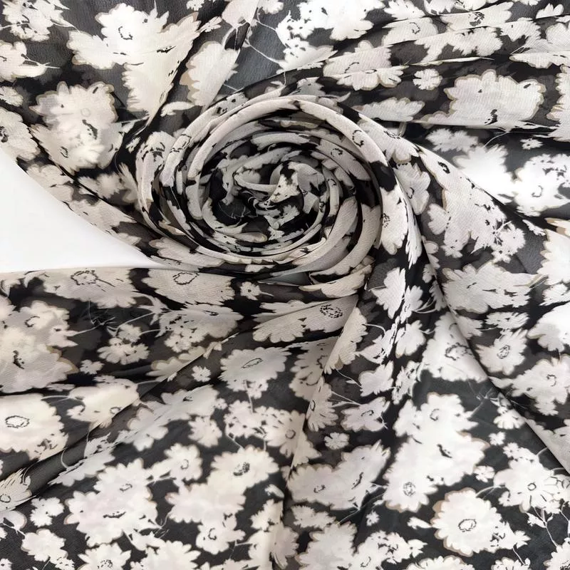 floral-printed-beige-black-polyester-chiffon Floral Printed Beige-Black Polyester Chiffon