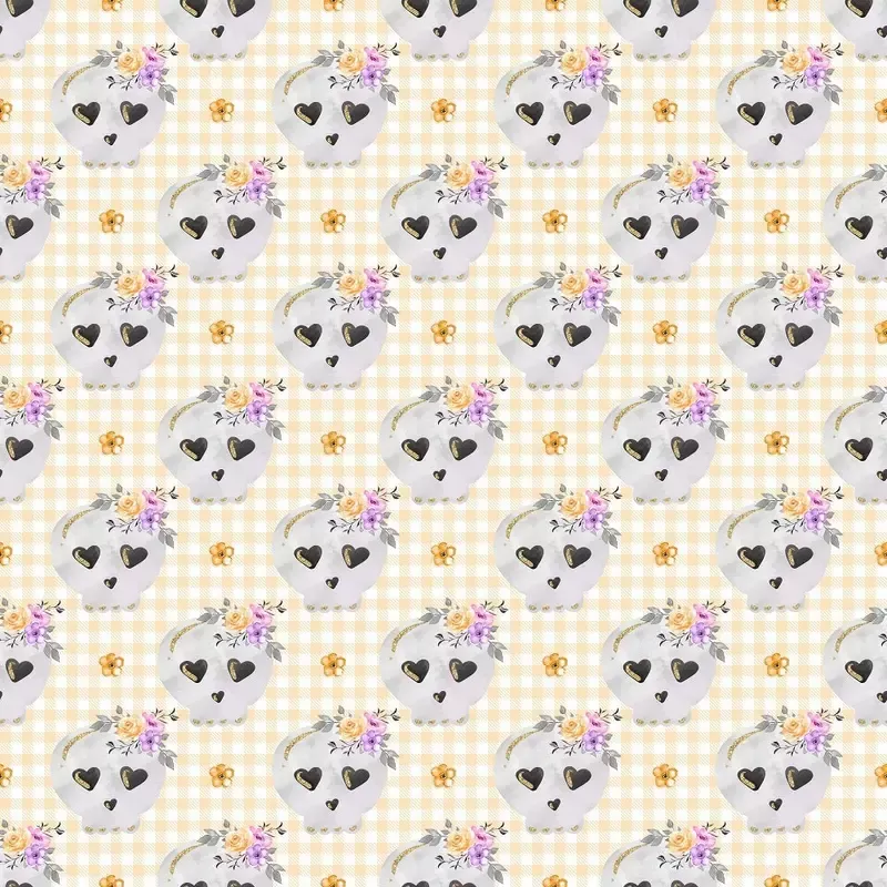 floral-skull-on-plaid-fabric-orange Floral Skull on Plaid Fabric – Orange