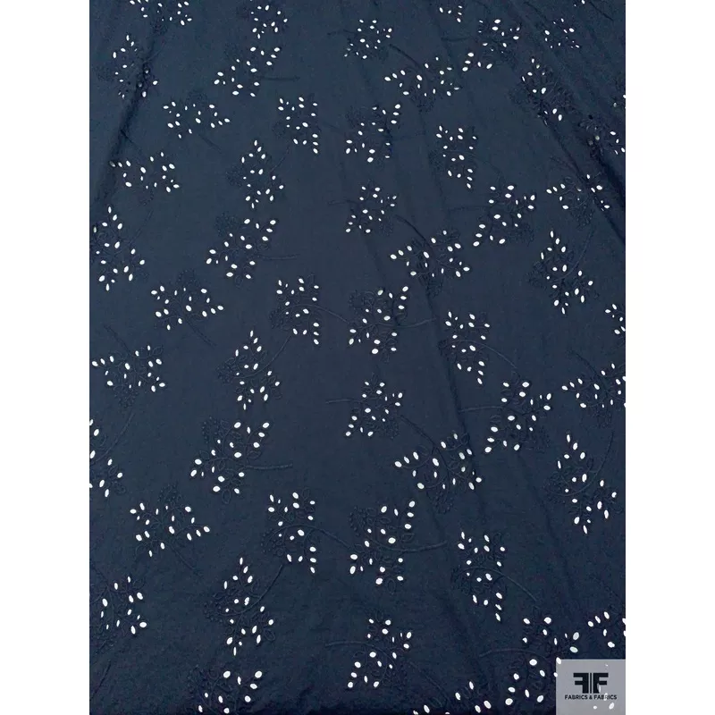 Floral Stems Embroidered Cotton Eyelet – Navy