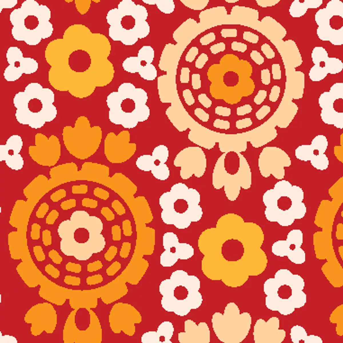 Floral Wheels on Red Fabric