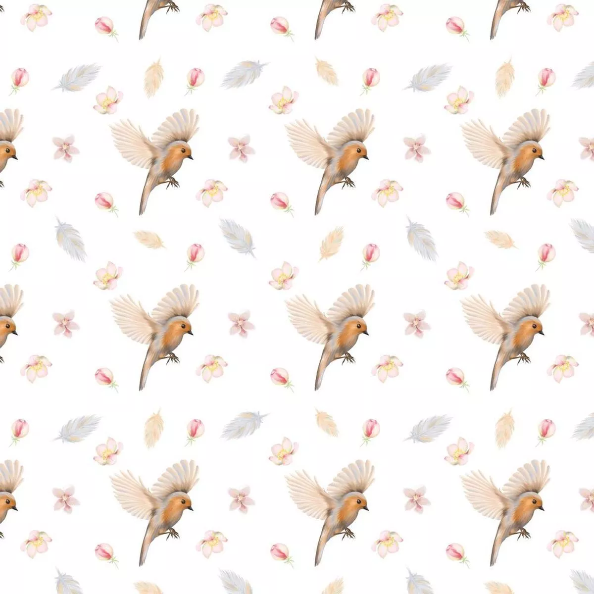 Flying Birds, Feathers, & Apple Tree Flowers Fabric