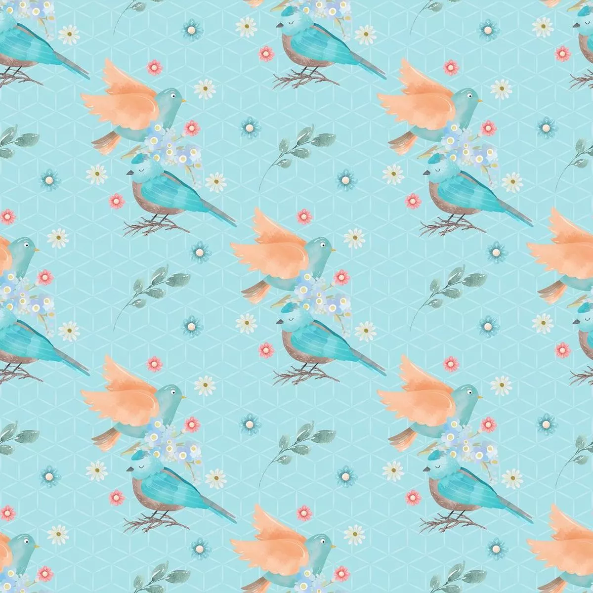 Flying Birds & Flowers Fabric – Blue