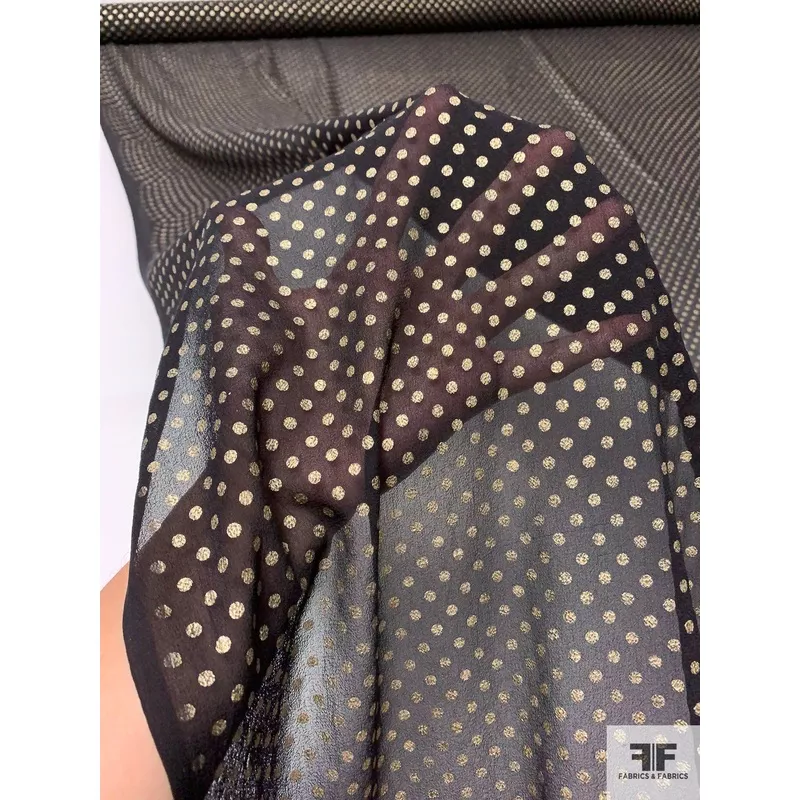 foil-printed-polka-dots-silk-chiffon-black-gold Foil Printed Polka Dots Silk Chiffon – Black / Gold