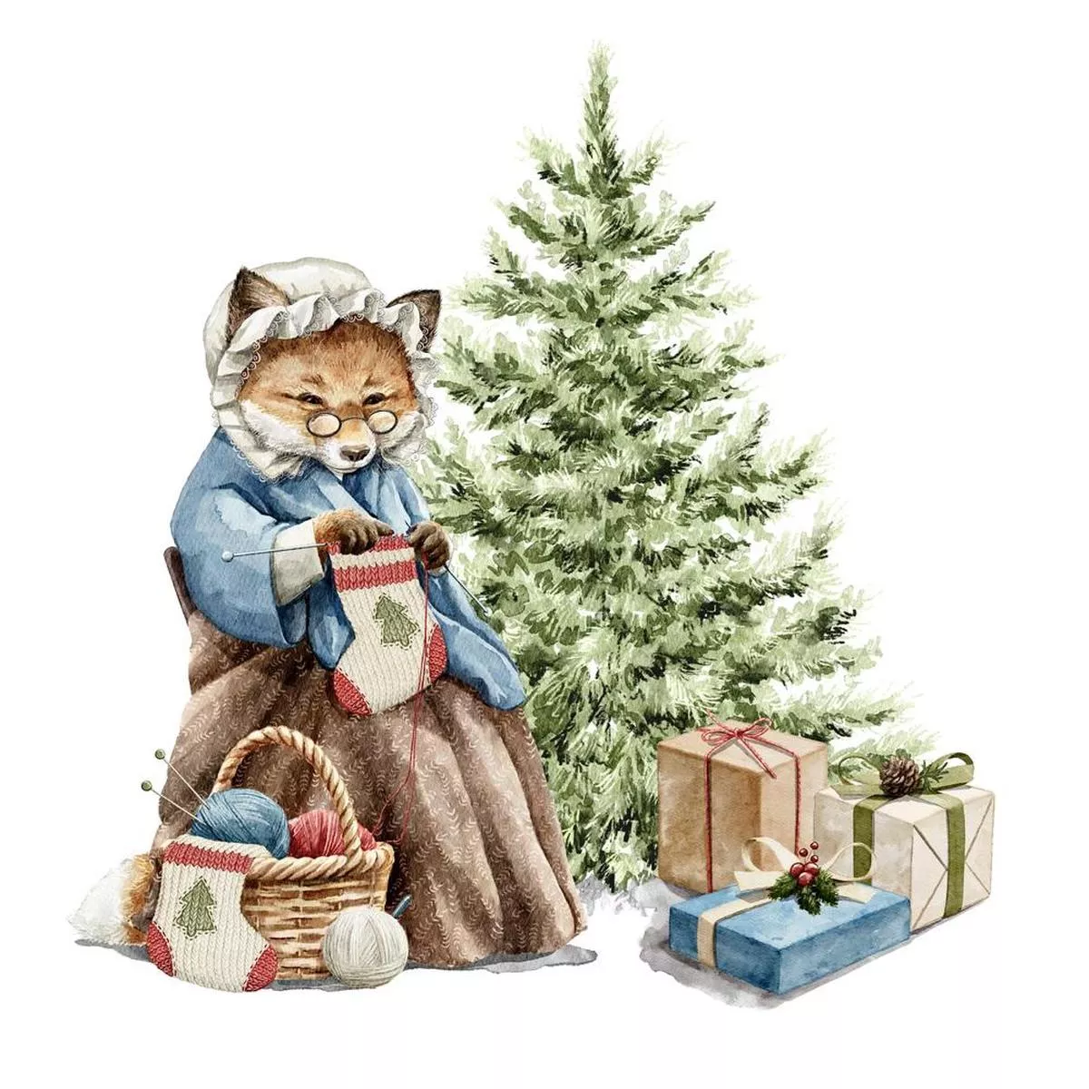 Fox Knitting Christmas Socks By Tree Fabric Panel
