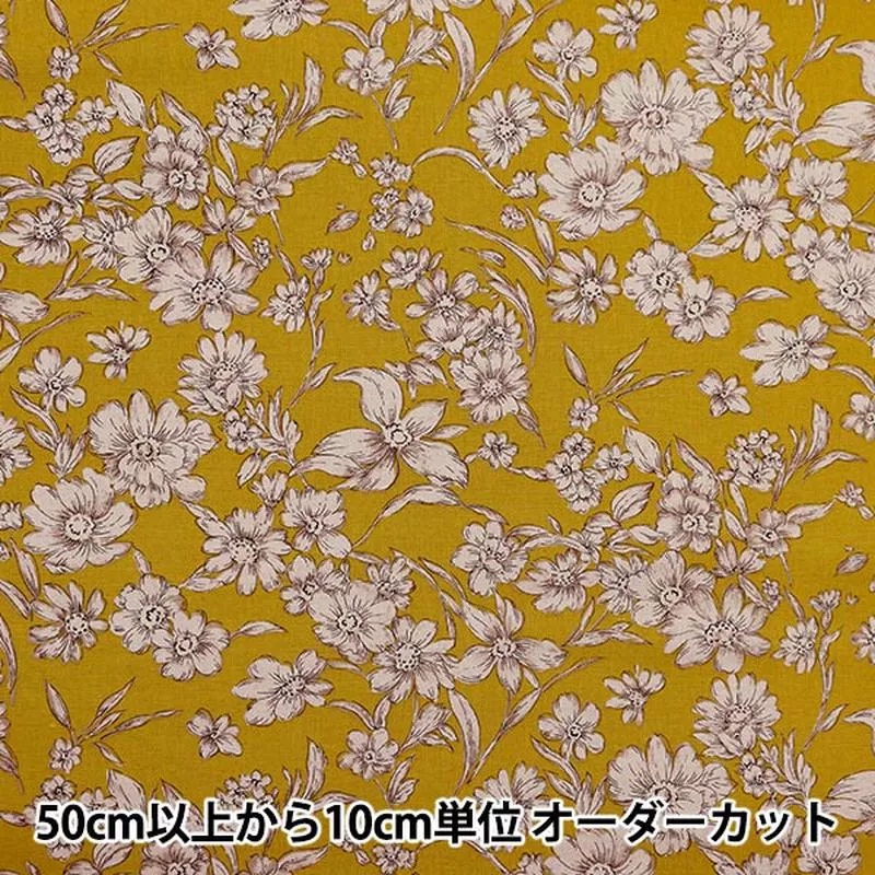 [From quantity 5] Fabric “Cotton hemp canvas etching flower yellow 38129-1C”