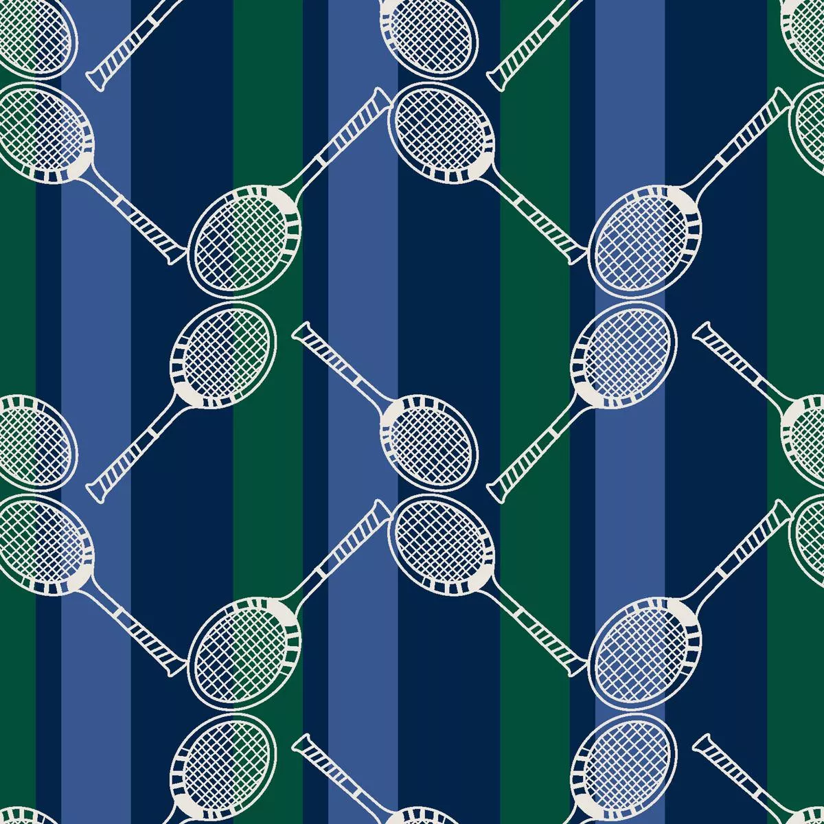 geometric-rackets-on-blue-green-striped-fabric Geometric Rackets on Blue & Green Striped Fabric