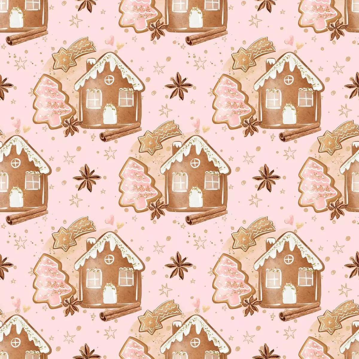 Gingerbread On Stars Fabric –Pink