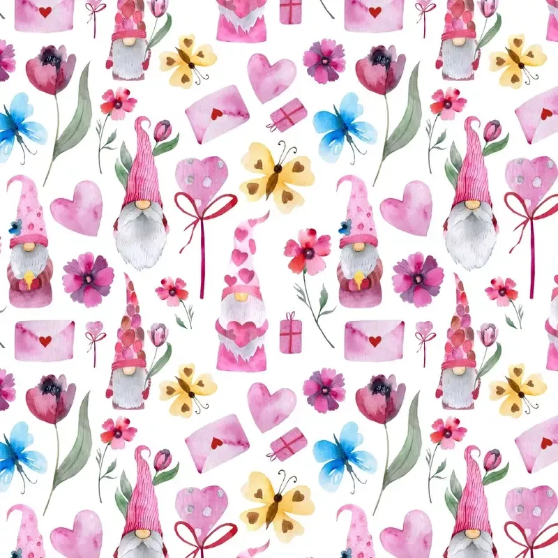 Gnome And Flowers Fabric – White