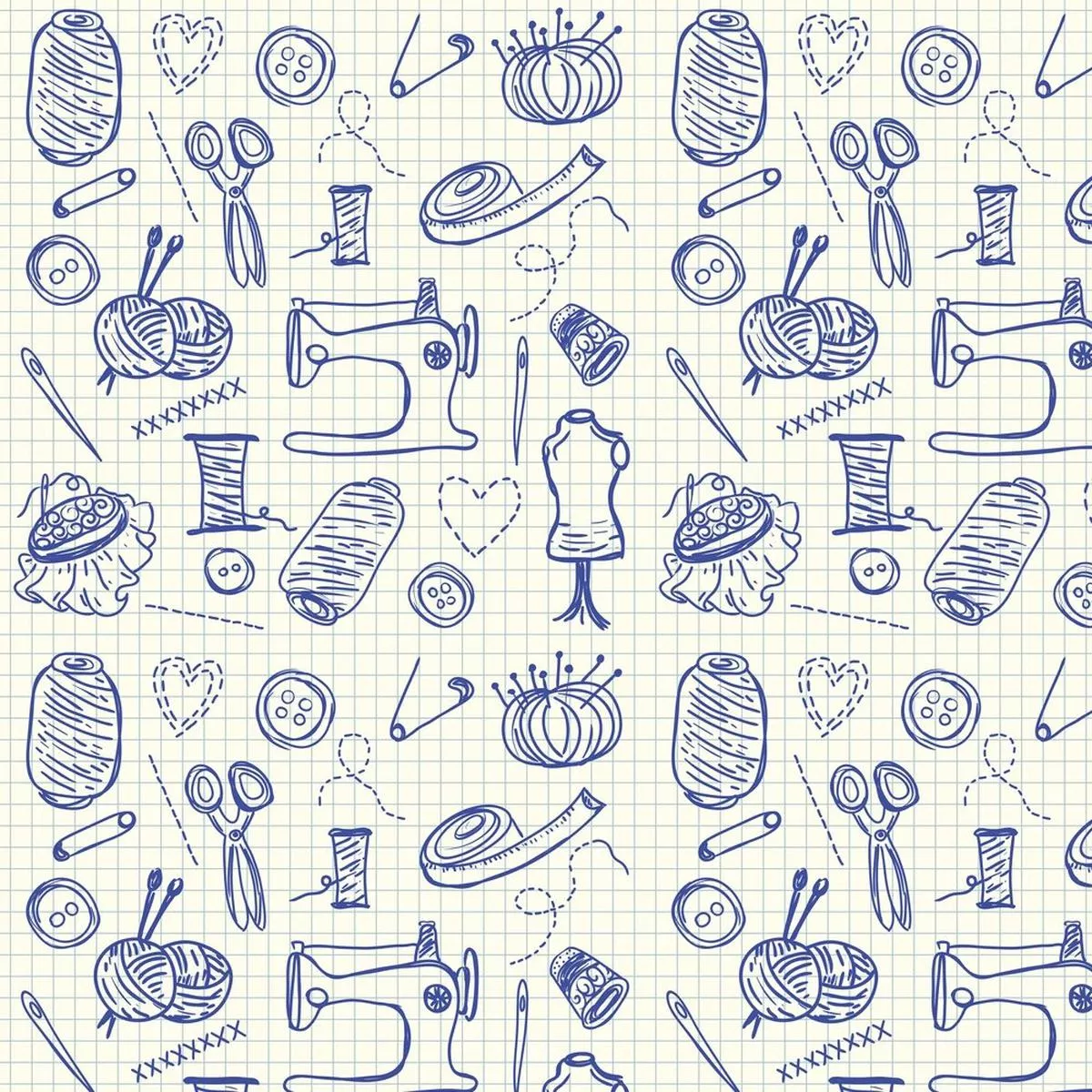 Graph Paper Sewing Doodles Fabric – Blue