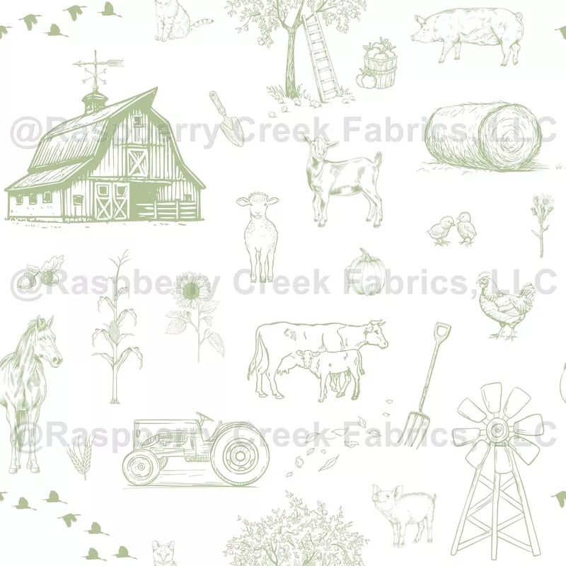 Green on White Farm Toile
