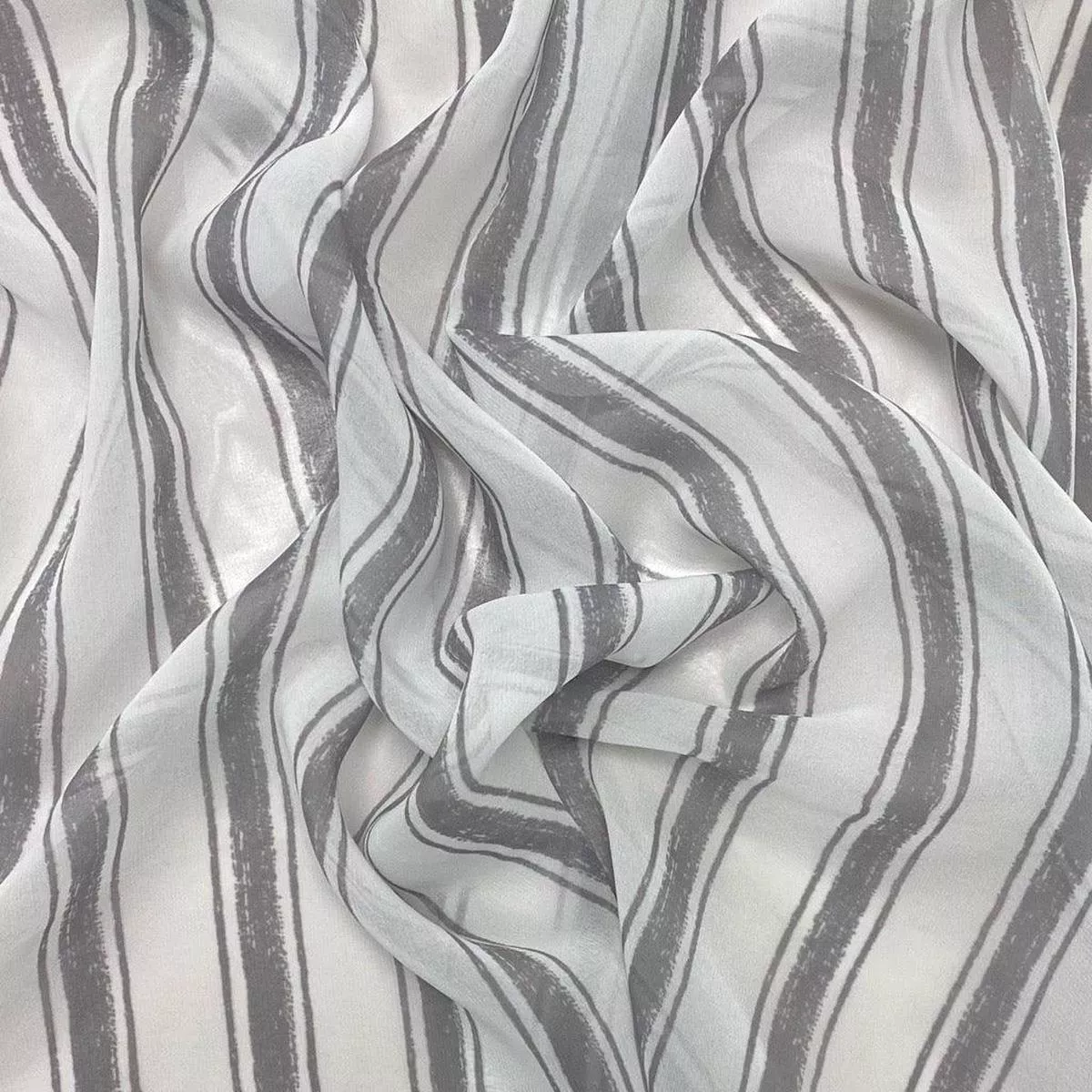 Grey Stripes on White Chiffon Fabric – 3m Pre-cut