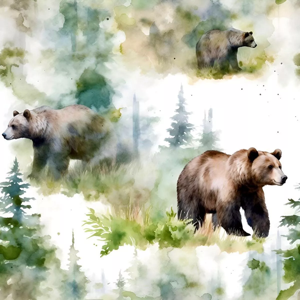 Grizzly Bears in Woods Pattern #5 Fabric