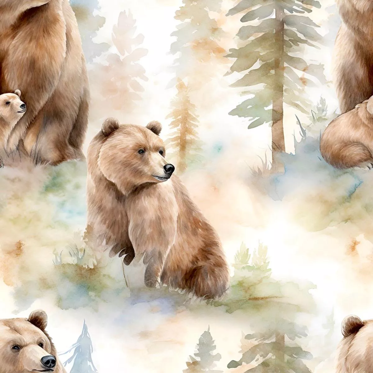 Grizzly Bears in Woods Pattern #7 Fabric