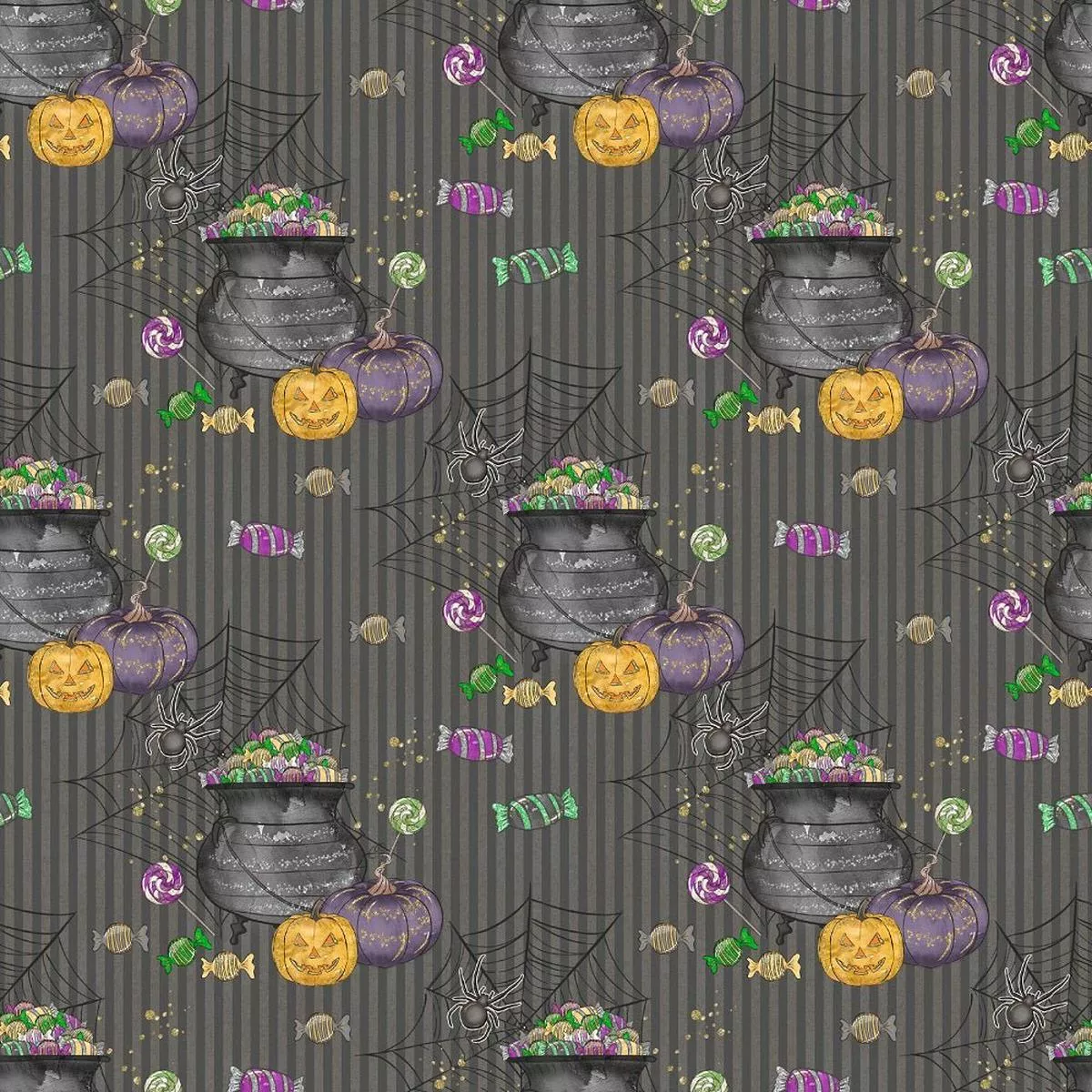 halloween-candy-elements-on-stripes-fabric-black Halloween Candy Elements on Stripes Fabric – Black