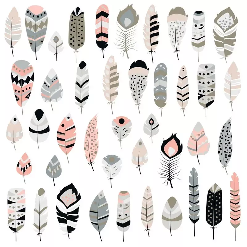Hand Drawn Ethnic Boho Feathers Fabric – Pink/Gray