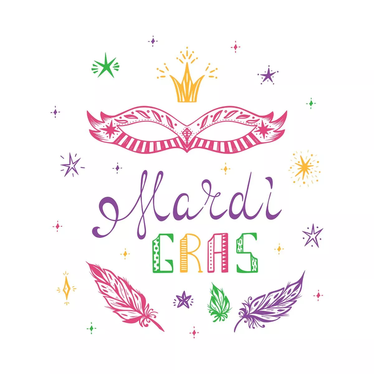 Hand Drawn Mardi Gras Fabric Panel – Multi