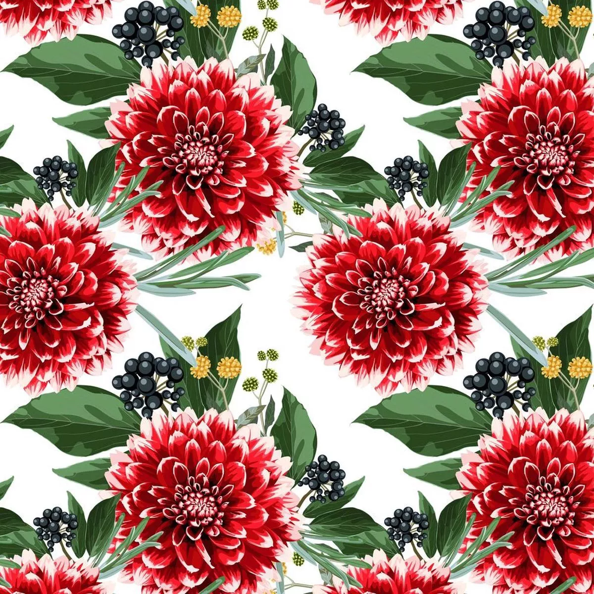 Hand Drawn Red Dahlias & Berries Fabric