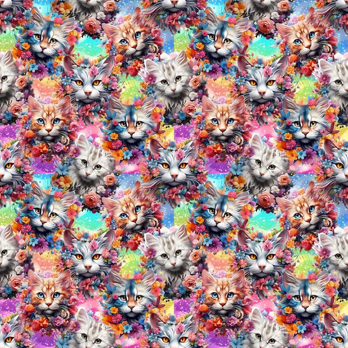 Hand Painted Abstract Cats & Floral Fabric