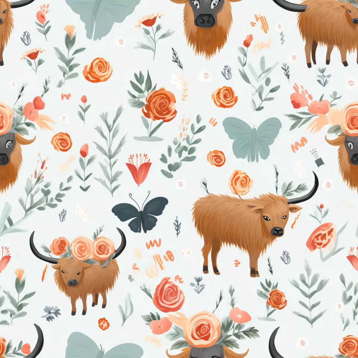 Handdrawn Highland Cows Pattern 5 Quilting Cotton Fabric