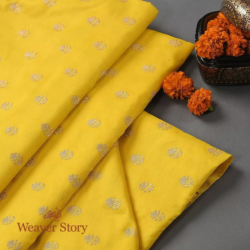 Handloom Yellow Leaf Booti Fabric in Katan Silk
