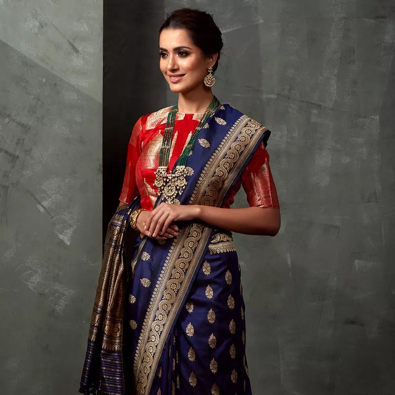 Handwoven Blue Kadhwa Booti Saree