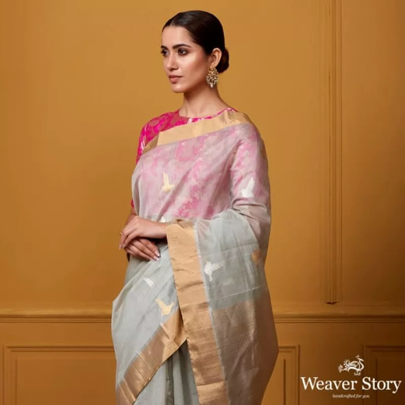 Handwoven Grey Bird Motif Saree