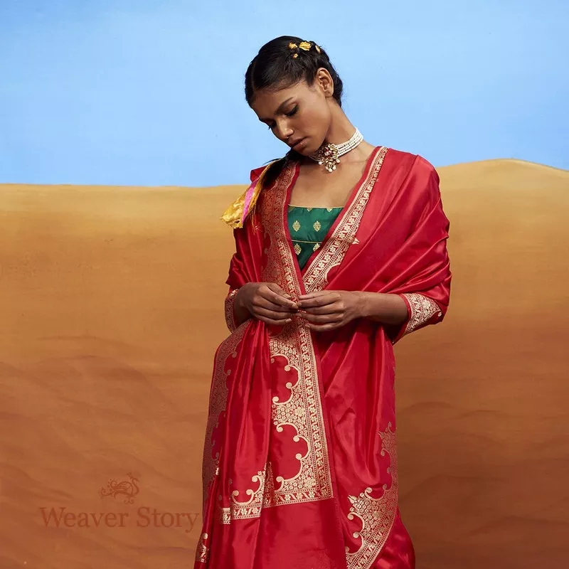 handwoven-red-plain-katan-saree-with-ornamental-border Handwoven Red Plain Katan Saree with Ornamental Border