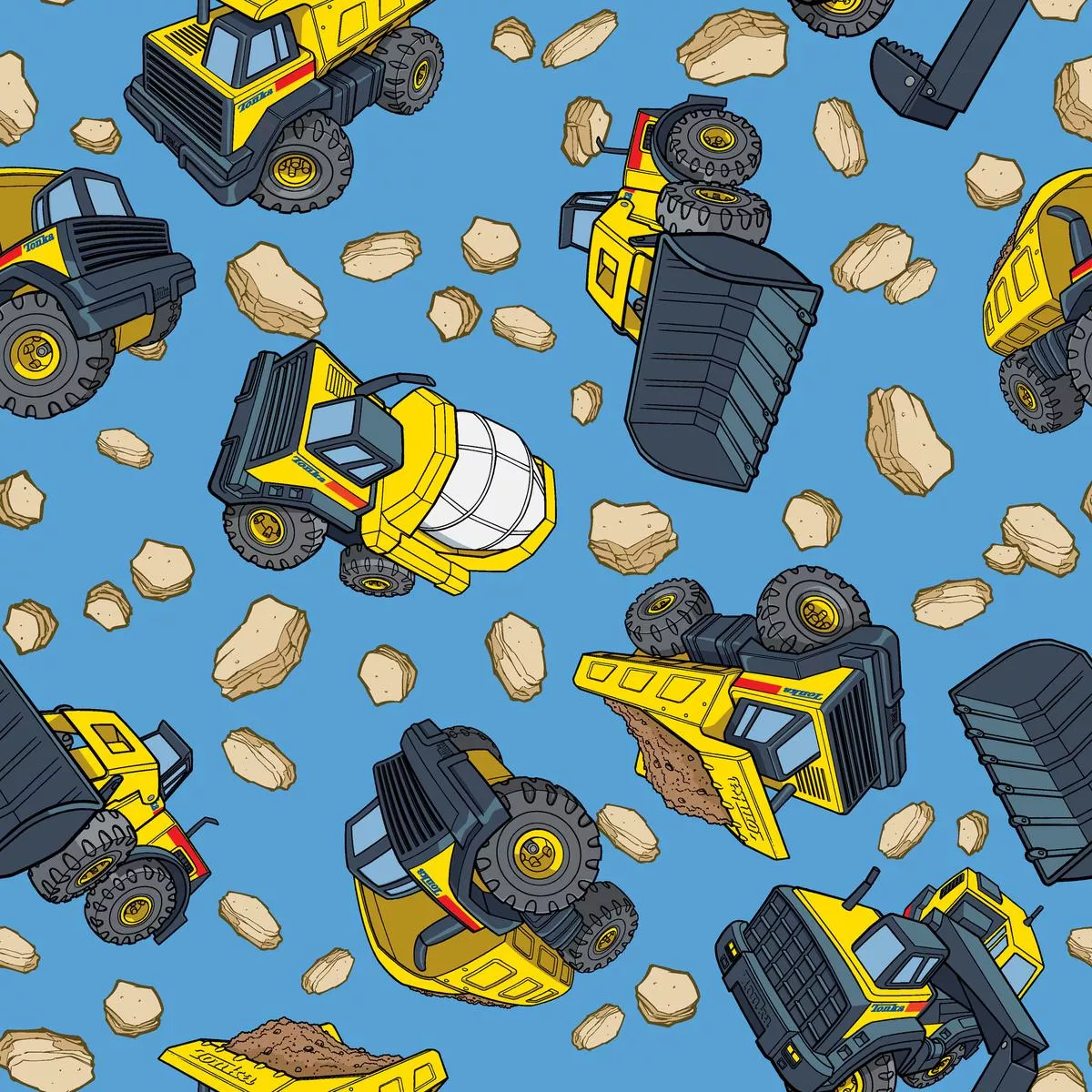 hasbro-tonka-construction-trucks-on-blue-fabric Hasbro Tonka Construction Trucks on Blue Fabric