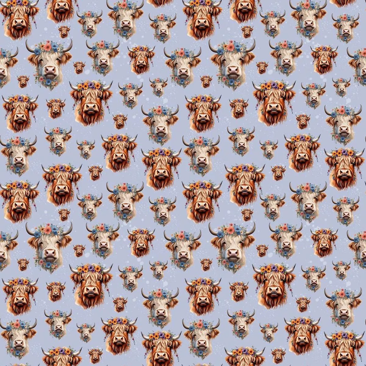 highland-cows-flower-crowns-fabric-blue Highland Cows& Flower Crowns Fabric – Blue