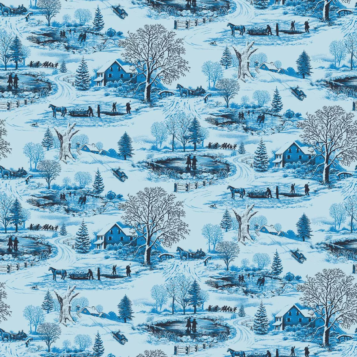 holiday-landscape-on-blue-fabric Holiday Landscape on Blue Fabric