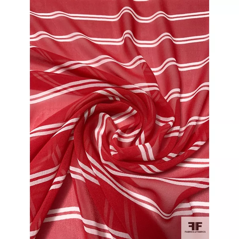 Horizontal Striped Printed Silk Chiffon – Red / Off-White
