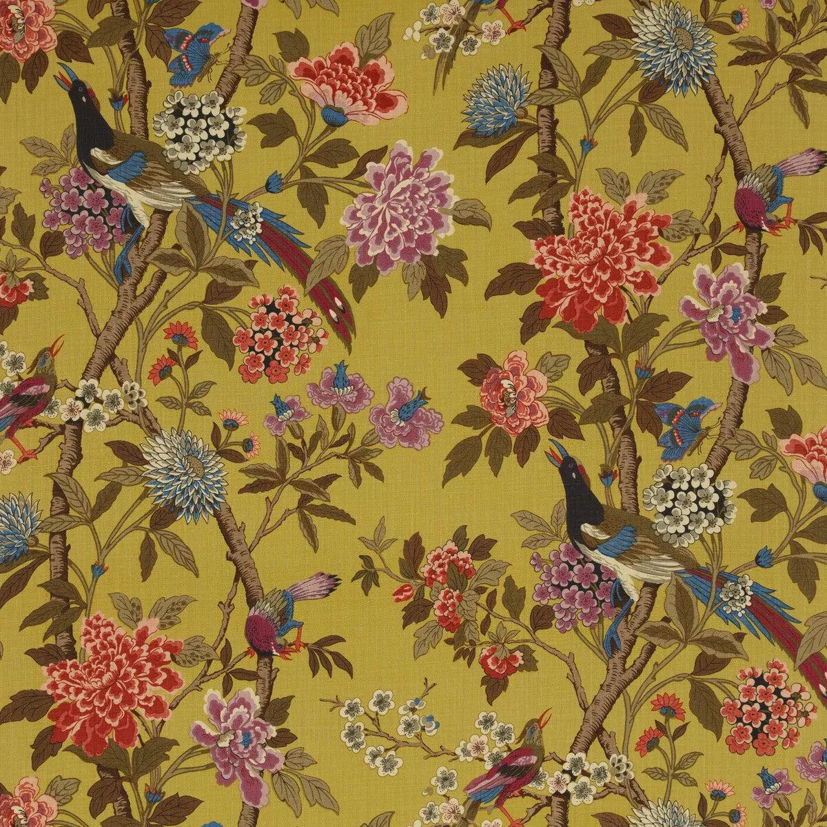 Hydrangea Bird Mustard/Mauve Fabric