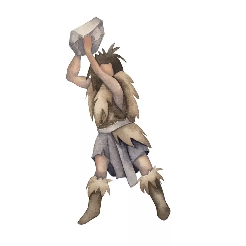 ice-age-caveman-hunting-with-rock-fabric-panel Ice Age Caveman Hunting with Rock Fabric Panel